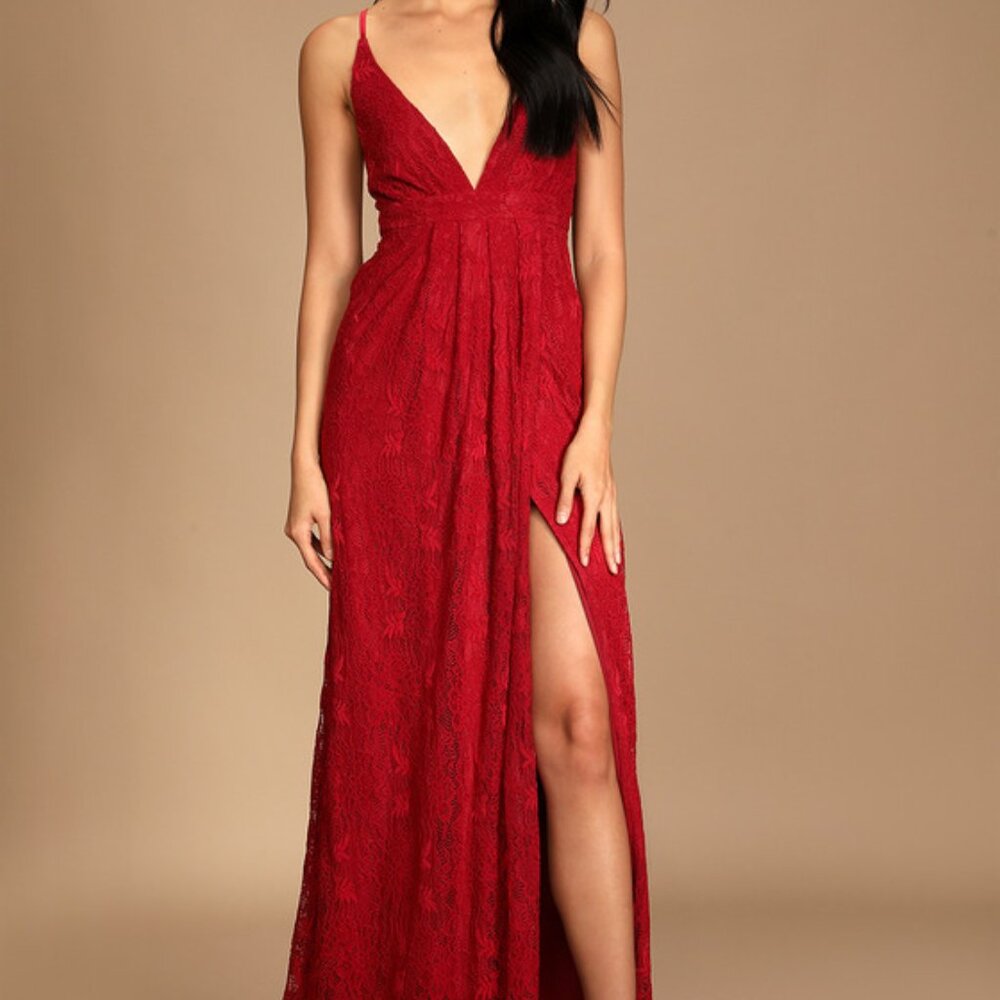 Lulus Stolen Moments Wine Red Lace-up Lace Maxi Dress - Size M